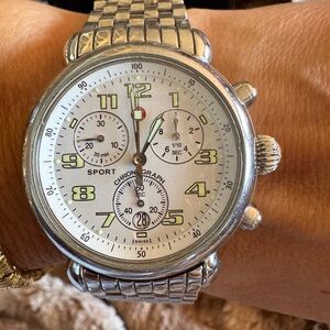Michele Sport Stainless Steel Chronograph Watch 36mm White Dial Full Length Band